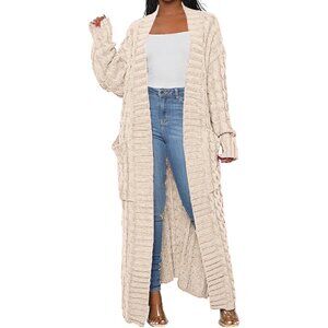 Fashionable Women’s Ankle-Length Cable Knit Cardigan with Dual Pockets - Cream